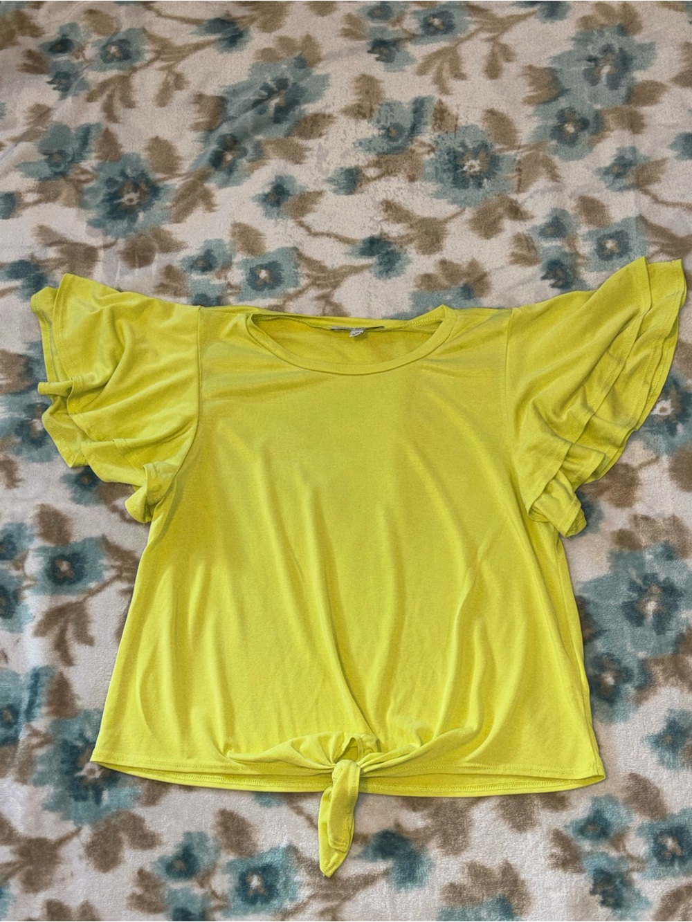 Green Envelope Bright Yellow Tie-Front Ruffle Sleeve Top